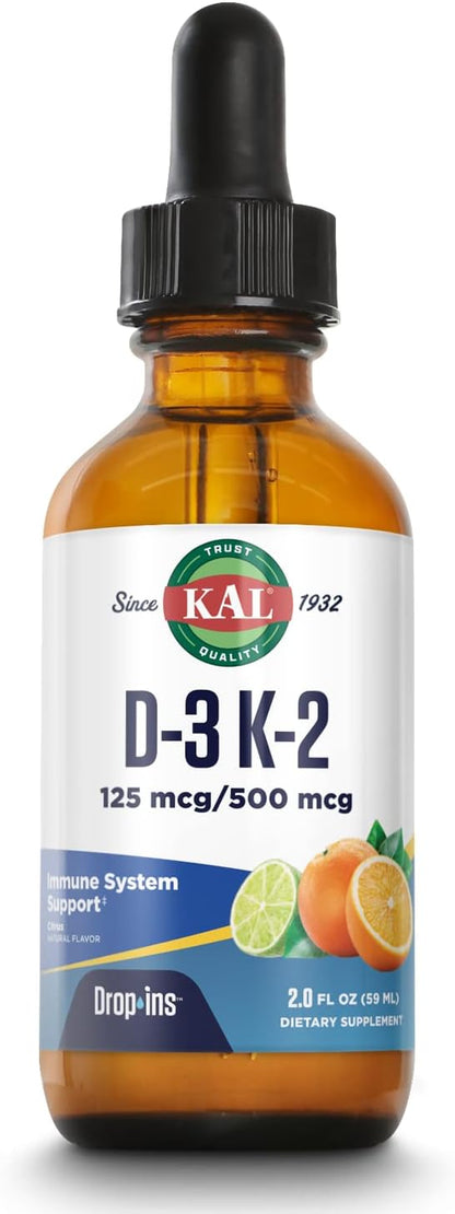KAL D3 K2 DropIns 125 mcg / 500 mcg Liquid Vitamin D3 K2 Drops