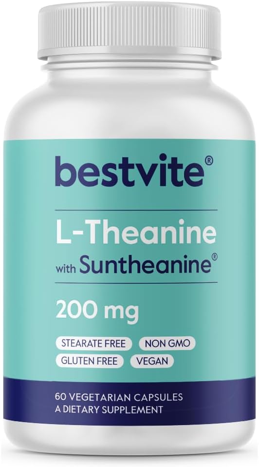 BESTVITE Double Strength Suntheanine L-Theanine 200mg – Patented & Clinically Studied – 60 Vegetarian Capsules – Vegan – No Stearates – Non GM – Gluten-free – Relaxation Support - görsel 1