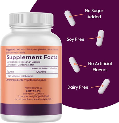 BESTVITE Taurine 1000mg – 240 Vegetarian Capsules – Pure Amino Acid Supplement – Vegan, Non-GMO, Gluten-Free