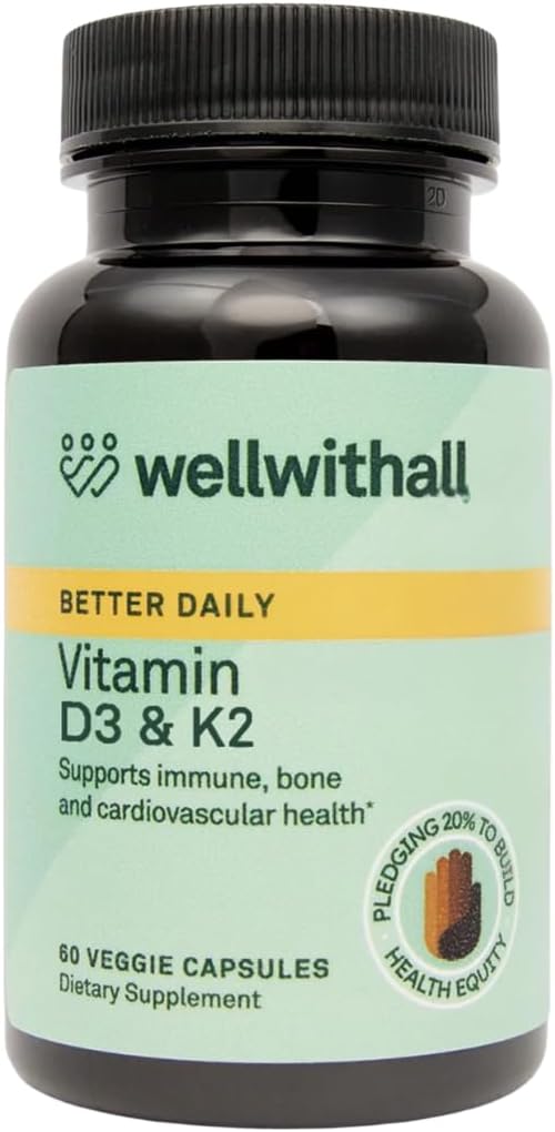 WellWithAll Vitamin D3 5000 IU (125 mcg) with Vitamin K2 100 mcg Supplement | Supports normal bone health, immune function, and blood clotting | Plant Based, Major Allergen Free | 60-Day Supply - görsel 1
