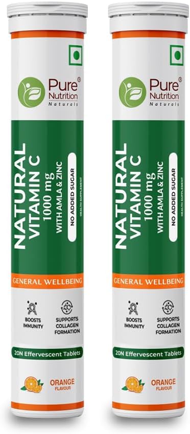 Pure Nutrition Vitamin C & Zinc Effervescent Tablets - 1000mg Amla Extract, Orange Flavour, 40 Tablets - görsel 1