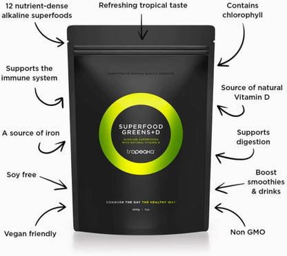 Tropeaka Superfood Greens + D – Organic Superfood Powder with Vitamin D for Energy, Immunity & Digestive Health