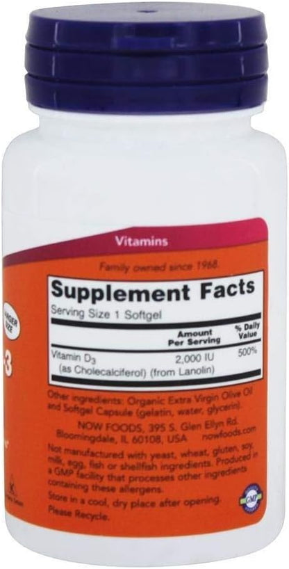 NOW Foods Vitamin D-3, 2,000 IU, 240 Softgels (2-Pack)