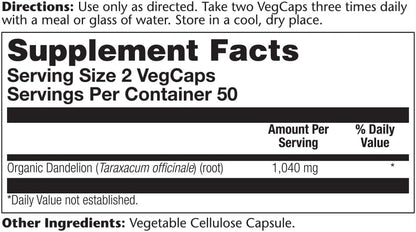 Solaray Organic Dandelion Root Supplement, 520 mg, 100 Capsules