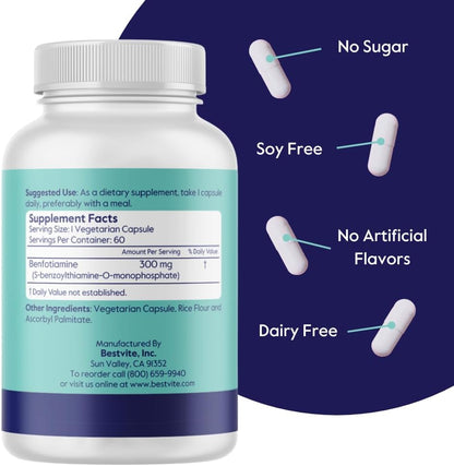 BESTVITE Benfotiamine 300mg (60 Vegetarian Capsules) – No Stearates, Vegan, Non-GMO, Gluten-free