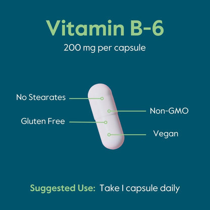 BESTVITE Vitamin B6 200mg (120 Vegetarian Capsules) - No Stearates - No Flow Agents - Vegan - Non-GMO - Gluten-free