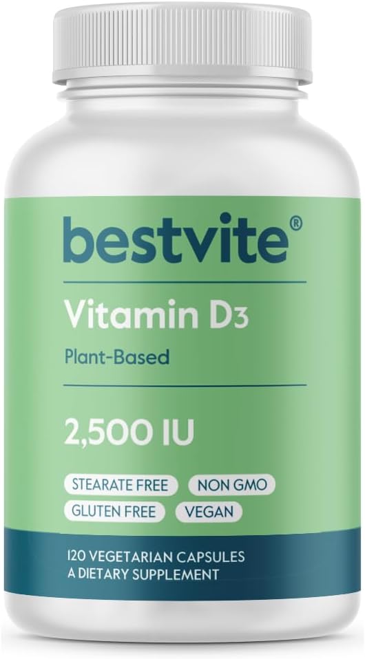 BESTVITE Vegan Vitamin D3 2500 IU (120 Vegetarian Capsules) - Vegan, Non-GMO, Gluten-free - görsel 1