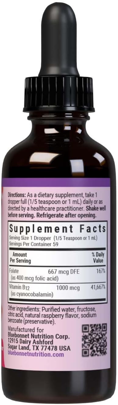 BlueBonnet Liquid Vitamin B12 & Folic Acid Drops - Raspberry, Vegan, 2 fl oz (59 Servings) - görsel 2