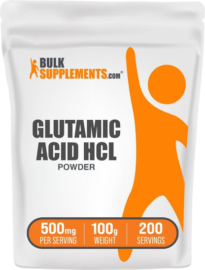 L-Glutamic Acid HCl Powder (500mg per Serving, 100g) - Unflavoured, Gluten-Free Amino Acid Supplement