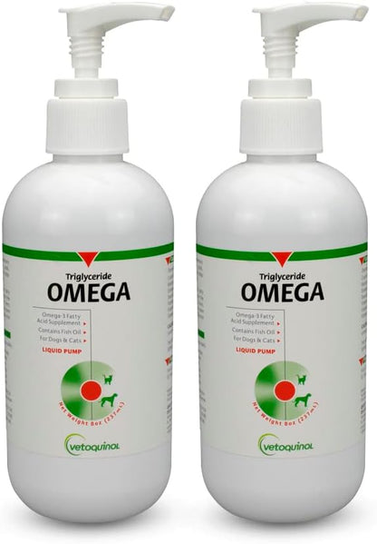 Vetoquinol Triglyceride OMEGA - Fish Oil for Dogs & Cats - Supports Healthy Skin, Coat & Normal Immune Response - Supplement with Vitamin Blend for Heart, Eye, Bone & Muscle Support - 8 oz (Pack of 2)