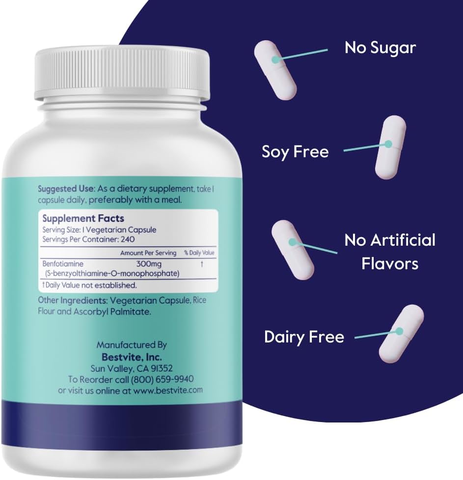 BESTVITE Benfotiamine 300mg (240 Vegetarian Capsules) – No Stearates, Non-GMO, Gluten-free – Image 3