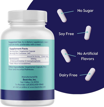 BESTVITE Benfotiamine 300mg (240 Vegetarian Capsules) – No Stearates, Non-GMO, Gluten-free – Image 3