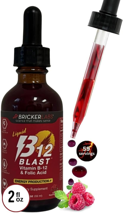 Bricker Labs B-12 Blast Liquid Vitamin B12 and Folic Acid Supplement, Natural Raspberry Flavour, 56 ml
