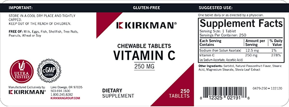 Kirkman Labs Vitamin C 250 mg Chewable Tablets with Stevia - 250 Tablets - görsel 3