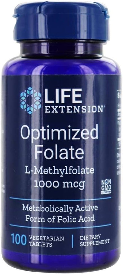 Life Extension Optimised Folate (L-Methylfolate), 1000 mcg 100 Vegetarian Tablets (3 Pack)
