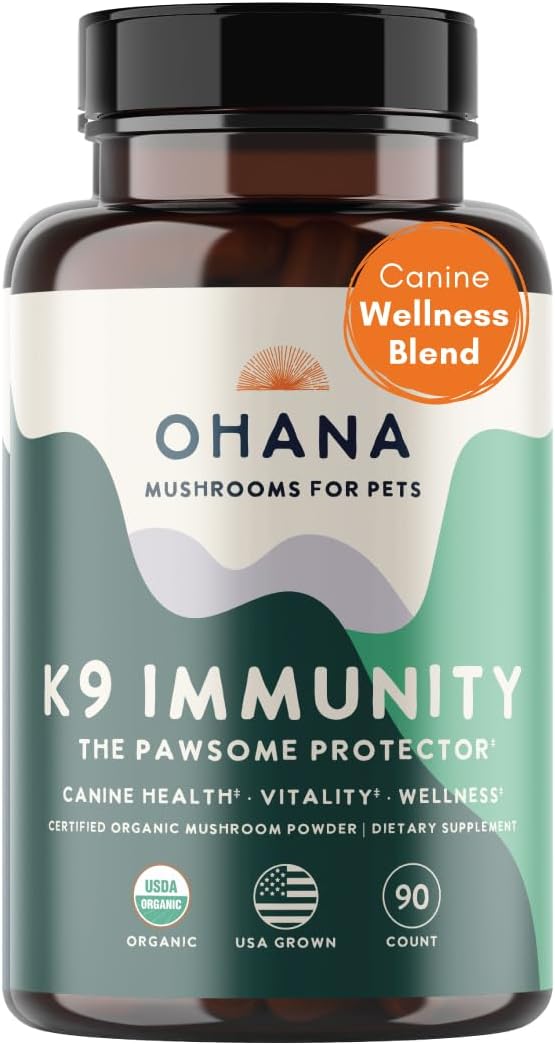 Ohana K9 Immunity, Dog Supplements, Contains 6 USDA Organic Mushroom Extracts for Dog Care, Non-GMO, Gluten-free, 90-Capsule Bottle, Pack of 1 - görsel 1