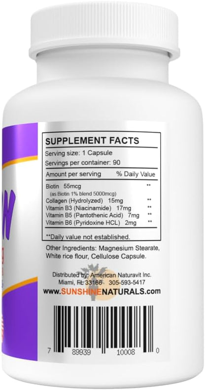 Sunshine Naturals Biotin 5000 mcg Capsules - 90 Count (Pack of 3) - for Hair, Skin & Nails