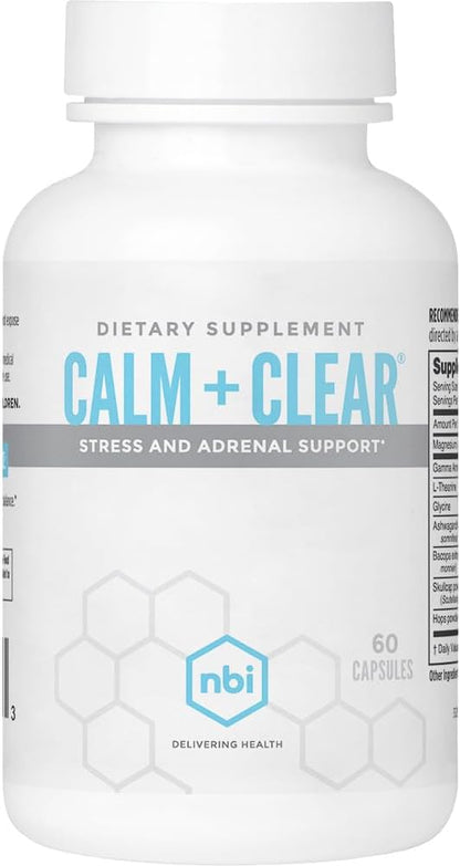 NBI Calm + Clear - Mood and Focus Support - Natural Stress and Mood Support with Magnesium, GABA, Ashwagandha, L-Theanine, Glycine, Bacopa, Skullcap, and Hops Powder - 60 Capsules