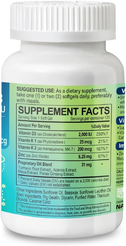 NATURION D3+K2 IMMUNEX – Vitamin D3 2000 IU, K1 25 mcg, K2 200 mcg, Zinc 6.25 mg, DK Blend – 120 Soft gel capsules - görsel 2