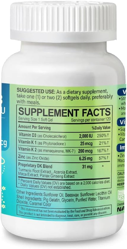 NATURION D3+K2 IMMUNEX – Vitamin D3 2000 IU, K1 25 mcg, K2 200 mcg, Zinc 6.25 mg, DK Blend – 120 Soft gel capsules