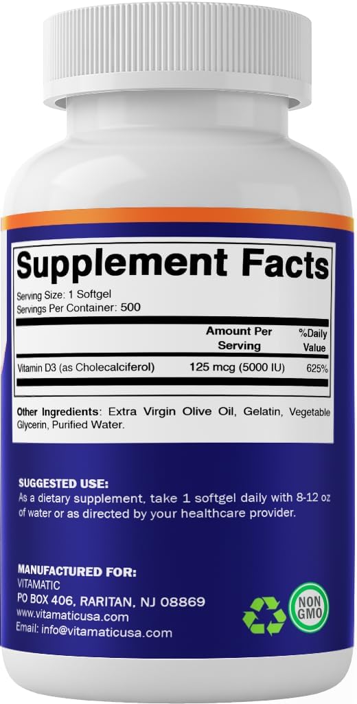 Vitamatic Vitamin D3 5000 IU (125 mcg) – 500 Mini Softgels with Olive Oil – Non-GMO & Gluten-Free – Supports Bone, Muscle and Immune Health - görsel 9