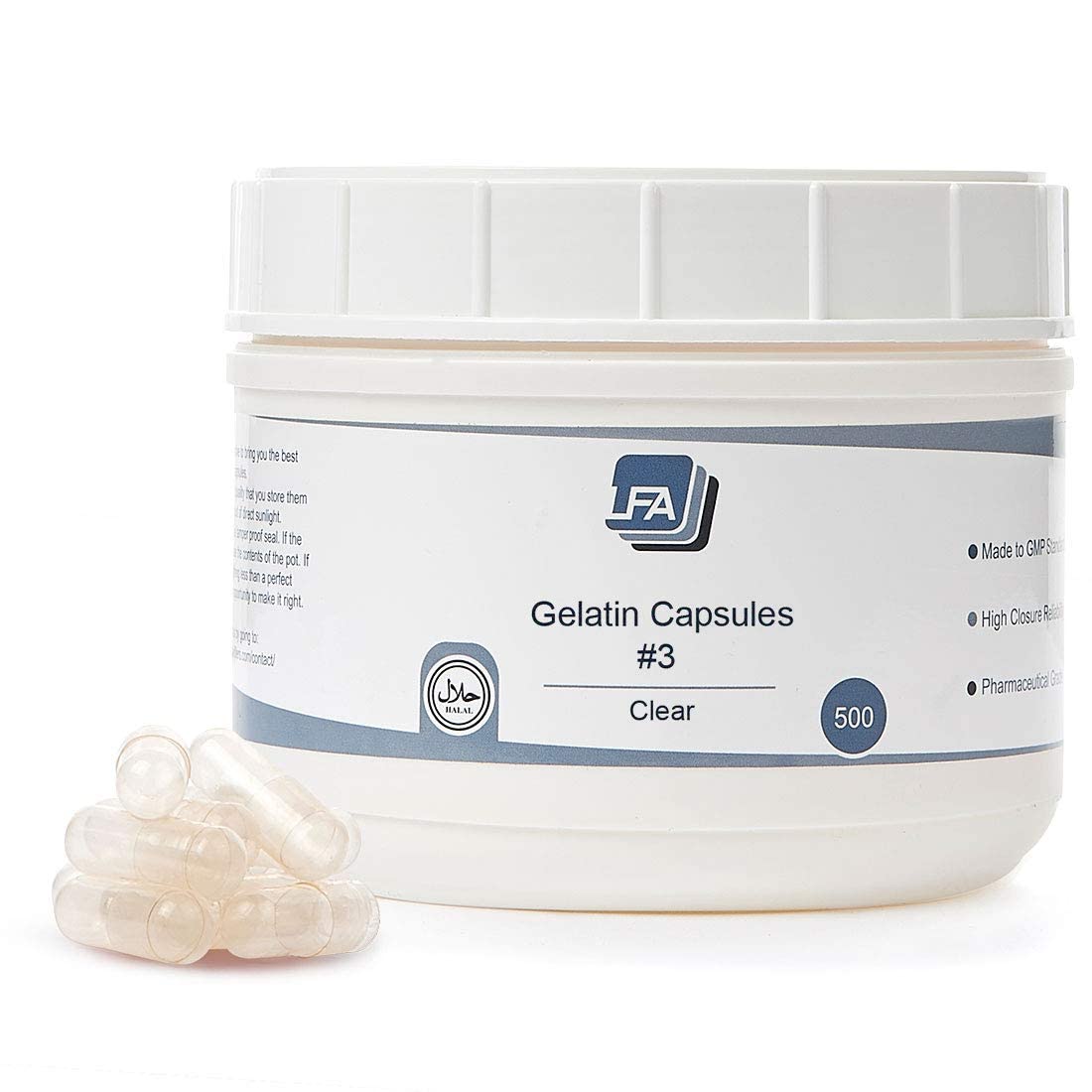 LFA Tablet Presses Empty Gelatine Capsules Size 3 - 500 Count - Clear Gelatine - Certified Halal - Made in USA - görsel 1