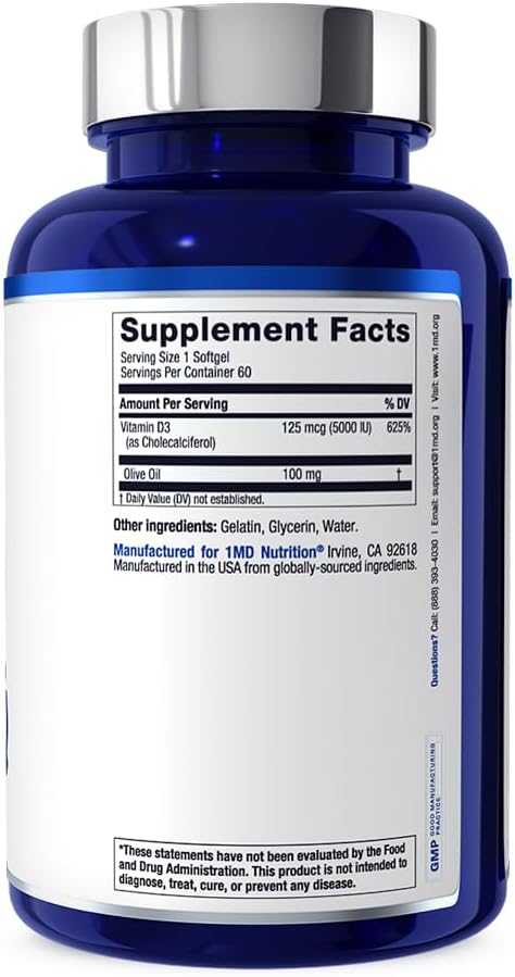 1MD Nutrition Vitamin D3 5000 IU Softgels - Bone Health, Muscle Function, and Immune Support | Non-GMO with Olive Oil | 2-Month Supply - görsel 5