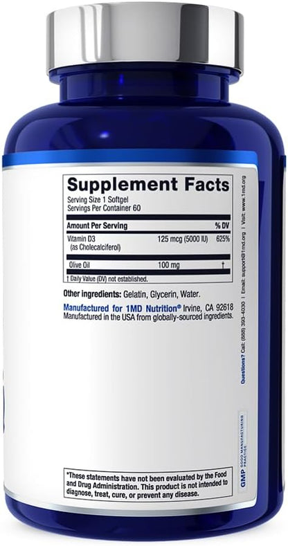 1MD Nutrition Vitamin D3 5000 IU Softgels - Bone Health, Muscle Function, and Immune Support | Non-GMO with Olive Oil | 2-Month Supply