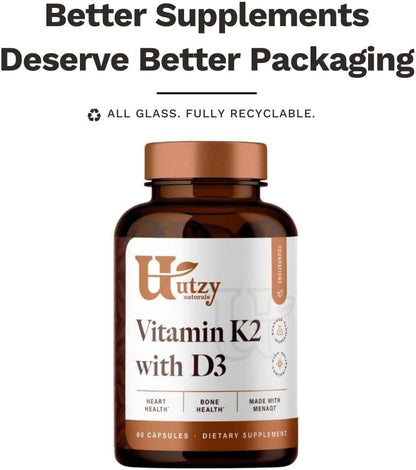 Utzy Naturals Vitamin K2 + D3 | High Strength K2 (MenaQ7) & D3 5000 IU | 60 Capsules