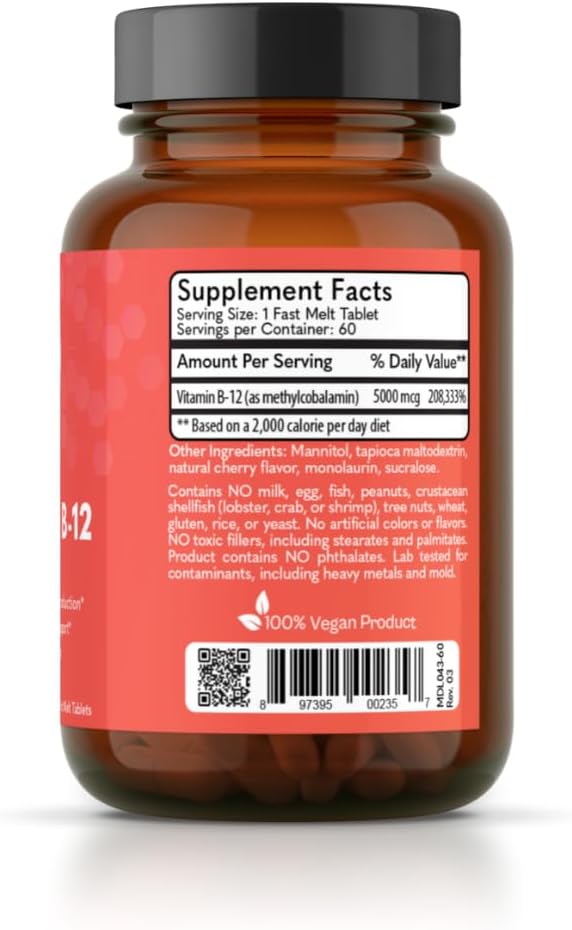 MD Logic Health Methyl-B12 5000 – 60 Fast-Dissolve Tablets – 100% Vegan – Made in New York - görsel 2