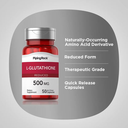 Piping Rock L-Glutathione 500 mg, 50 Capsules, Reduced Form, Non-GM, Gluten-free
