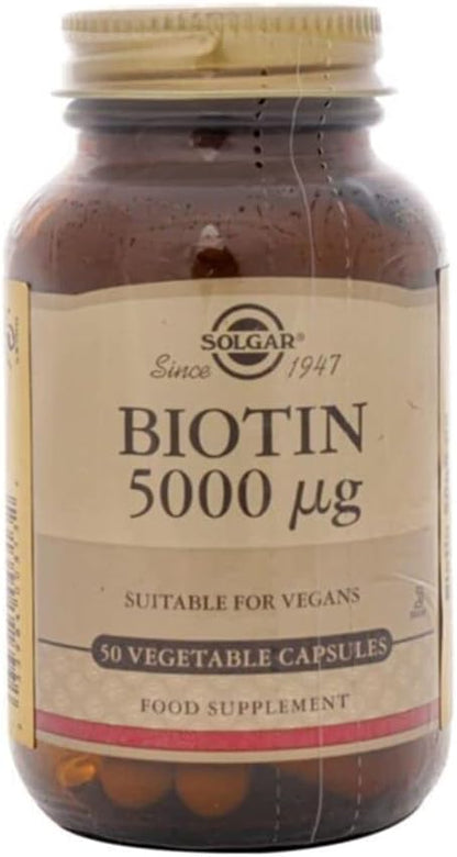 Solgar Biotin 5000 mcg – 50 Vegetable Capsules – Supports Healthy Skin, Nails & Hair – Non-GMO, Vegan, Gluten Free, Dairy Free, Kosher
