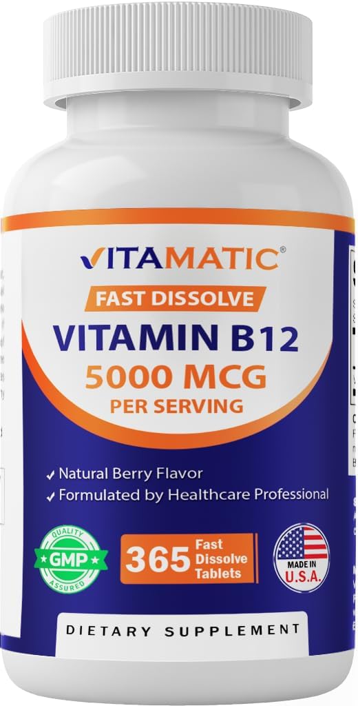 Vitamatic Vitamin B12 5000 mcg – 365 Fast Dissolve Tablets Berry Flavour – Supports Energy & Nervous System Health – Non-GMO, Gluten-Free - görsel 1