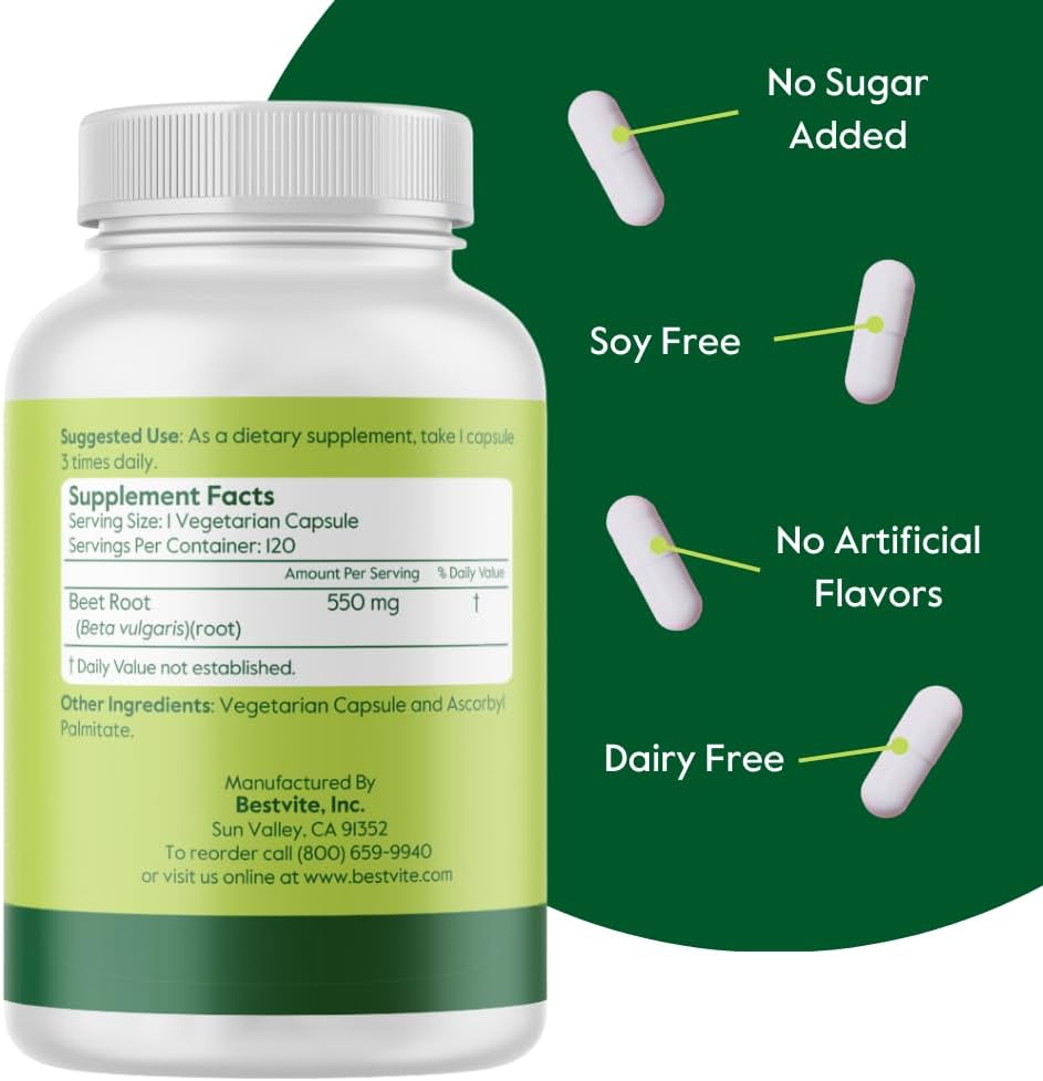 BESTVITE Beetroot, 550mg, 120 Vegetarian Capsules - Vegan, Non-GMO, Gluten-free - görsel 3