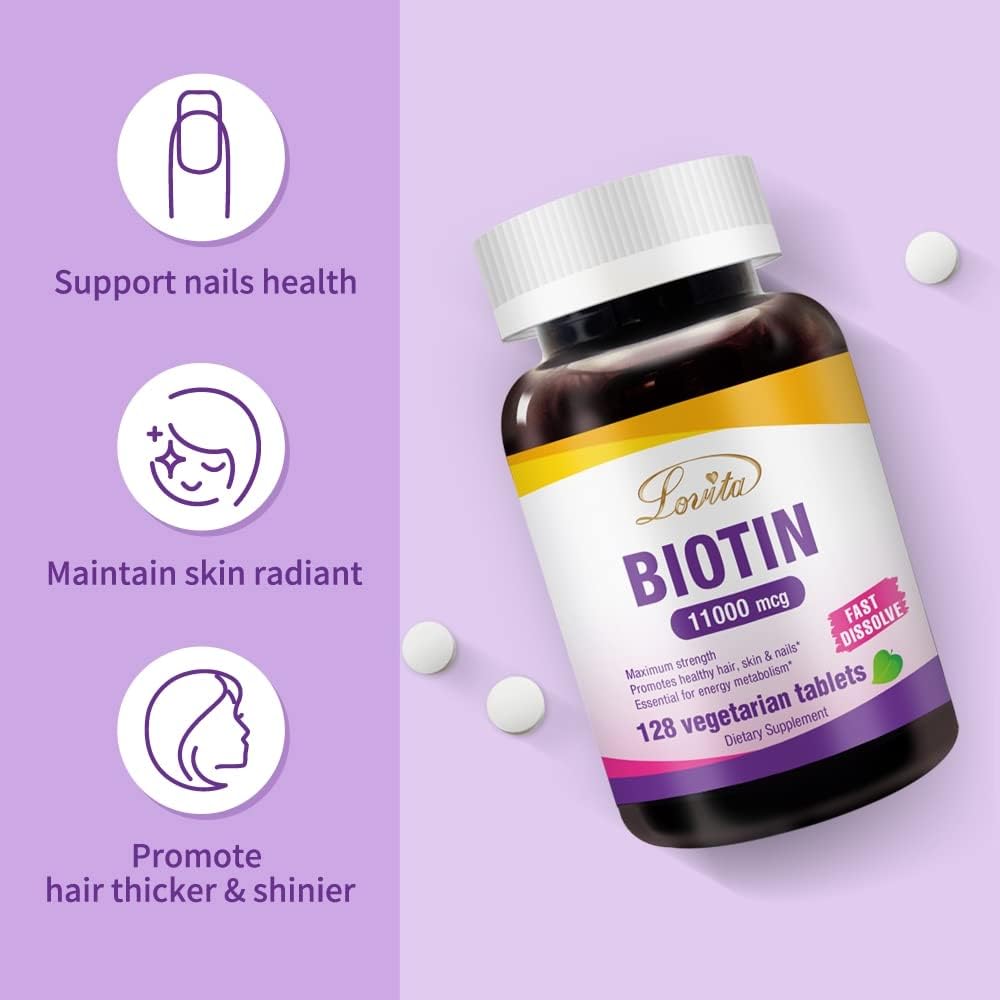 LOVITA Maximum Strength 11,000mcg Biotin: Fast-Dissolving, Vegetarian Tablets - Easily Absorbed, Gluten & Dairy-Free, 128 Vegan-Friendly Tablets (Pack of 3) - görsel 3