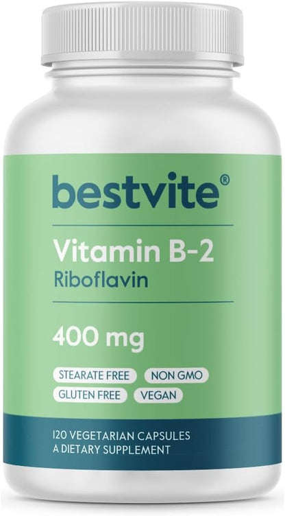 BESTVITE Vitamin B-2 (Riboflavin) 400 mg – 120 Vegetarian Capsules – High Potency – Energy, Skin & Nervous System Support – Vegan – Non-GMO – Gluten-Free – No Stearates