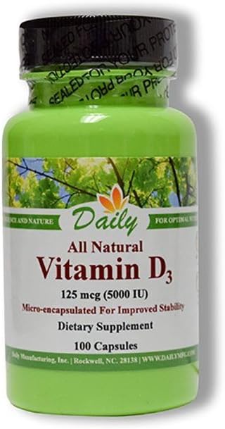 Daily Manufacturing Vitamin D3 5000 IU (125 mcg) – Non-GM, Gluten-Free, Kosher, Vegetarian Capsules – for Bone, Immune & General Wellness – 100 Count - görsel 1