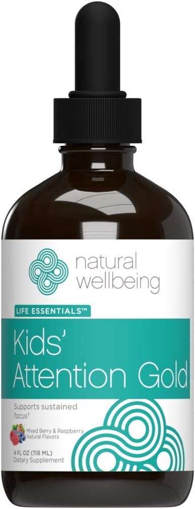Natural Wellbeing Children's Attention Gold - Natural Support for Focus and Concentration with Rhodiola - Mixed Berry & Raspberry Flavour - 118 ml