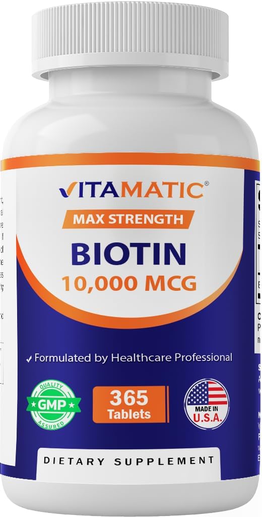 Vitamatic Biotin 10,000 mcg (10 mg) - 365 Vegan Tablets for Hair, Skin and Nails - görsel 1