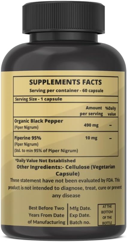 Heroot Piperine 95% (Piper Nigrum) 500 mg - Digestive Health & Breathing Support, Gluten-free, 120 Capsules - görsel 3