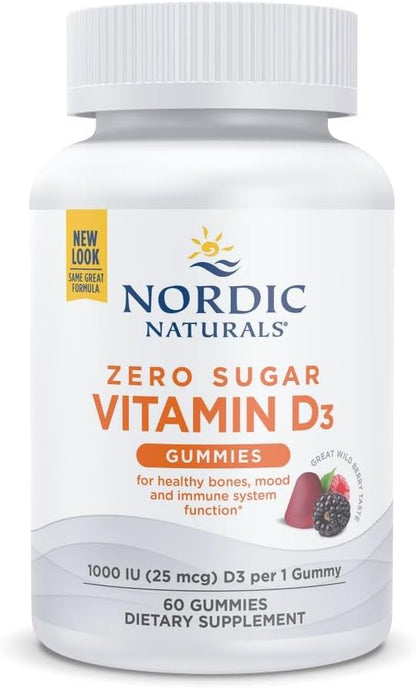 Nordic Naturals Zero Sugar Vitamin D3 Gummies, Wild Berry – 1000 IU – 60 Gummies
