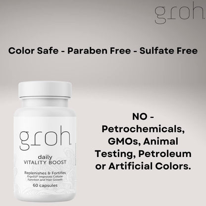 Groh Daily Vitality Boost - All Natural Hair, Skin and Nails Supplement with ErgoD2 - 60 Capsules