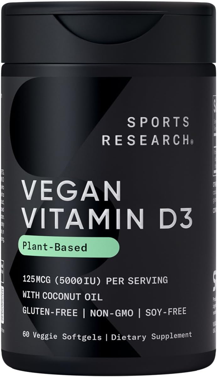 Sports Research Vegan Vitamin D3 5000 IU (125 mcg) with Coconut Oil – 100% Plant-Based Vitamin D for Bone, Muscle & Immune Health – 60 Softgels - görsel 1
