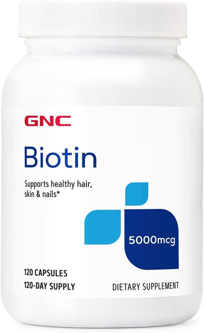 GNC Biotin 5000mcg Supplement, Supports Normal Energy Metabolism and Skin Health, 120 Capsules