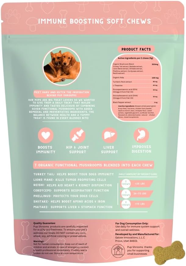 Pup Shrooms Mushroom Complex Soft Chews for Dogs – Lion's Mane, Turkey Tail, Shiitake – EPA, DHA, Turmeric & Organic Kelp – 160 Chews - görsel 2