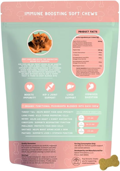 Pup Shrooms Mushroom Complex Soft Chews for Dogs – Lion's Mane, Turkey Tail, Shiitake – EPA, DHA, Turmeric & Organic Kelp – 160 Chews