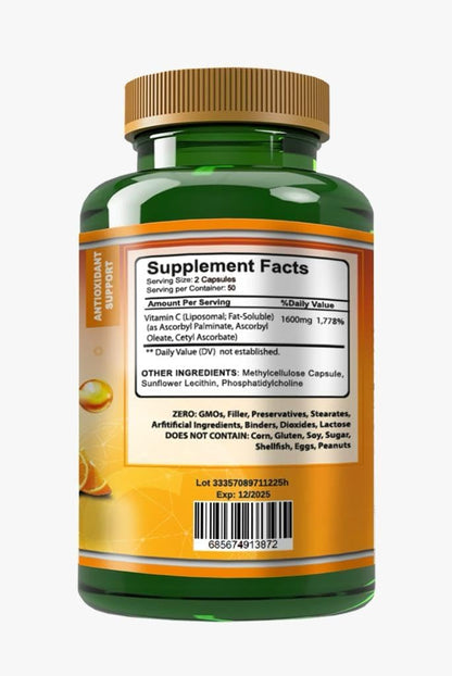 VITAMISAN Liposomal Vitamin C - High Absorption Ascorbic Acid - Contributes to Normal Immune Function and Collagen Formation - 100 Capsules