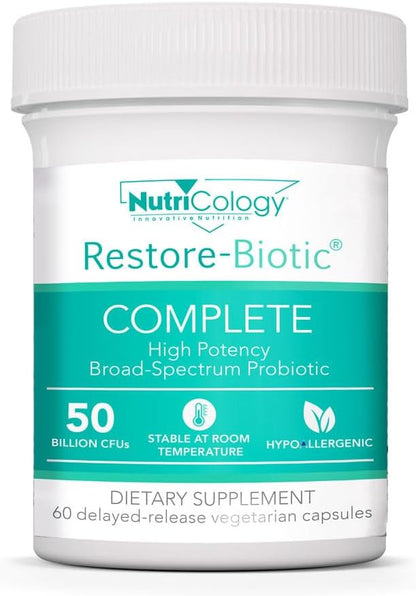 NutriCology Restore-Biotic Complete - 50 Billion CFU Probiotic - 12 Strain Formula - Digestive and Gut Health Support - Delayed-Release Capsules - Vegetarian - 60 Capsules