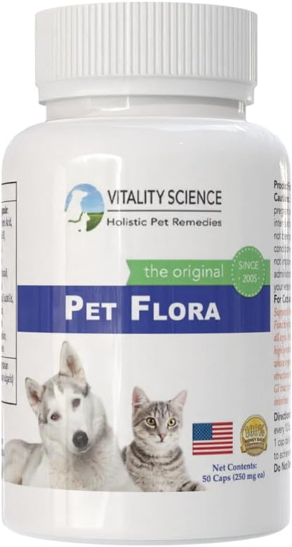 Vitality Science Pet Flora – Natural Probiotics for Cats and Dogs, Digestive Support Supplement, 250 Capsules