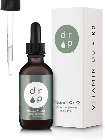 Drop Vitamin D3 + K2 Liquid Drops - 1000 IU Vegan D3 from Lichen, 45 mcg K2 (MK-4 & MK-7) with Organic MCT Oil, 59 ml